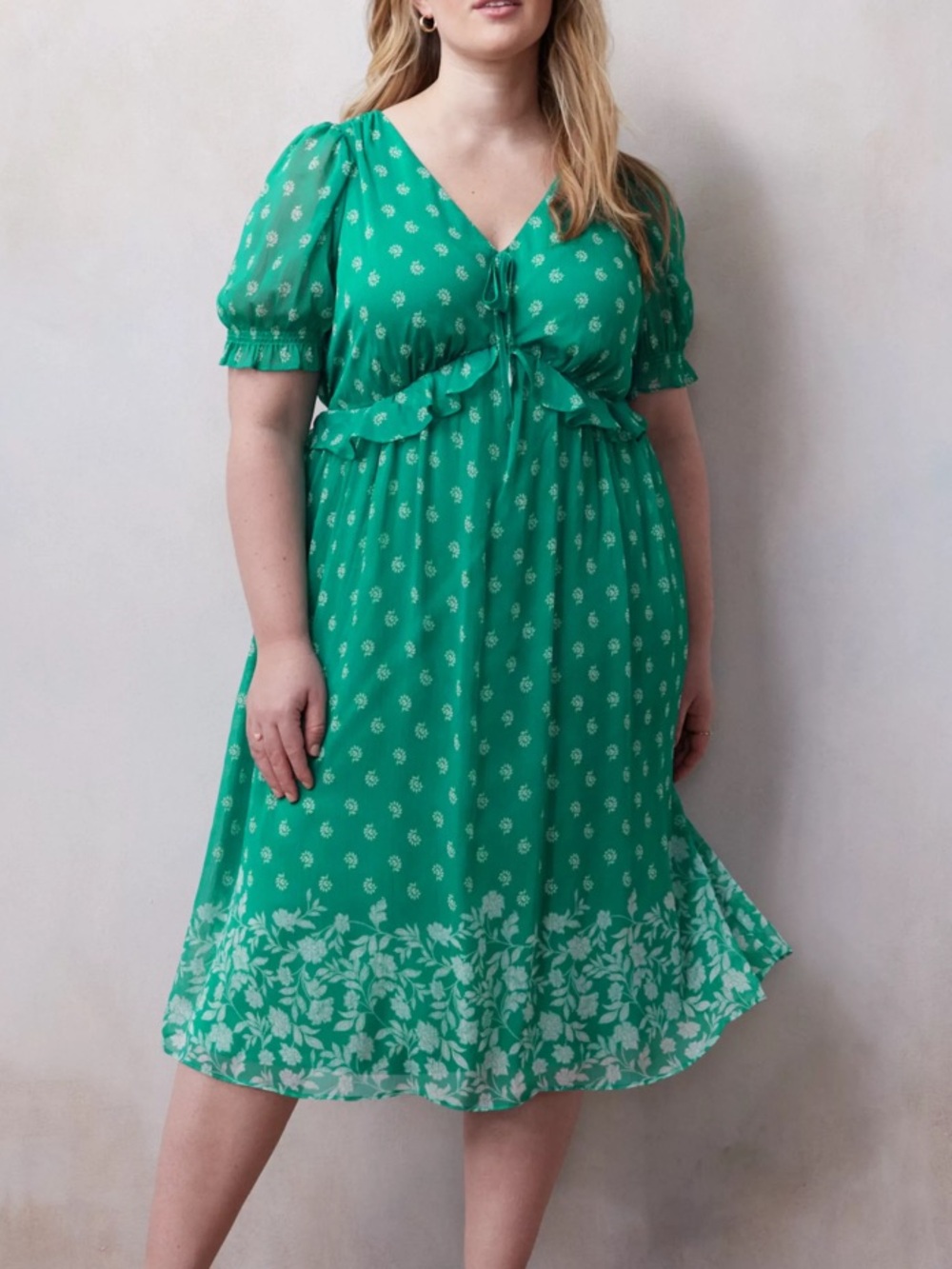 LC Lauren Conrad Emerald Green Floral Tie-Front Midi Dress size 2X
